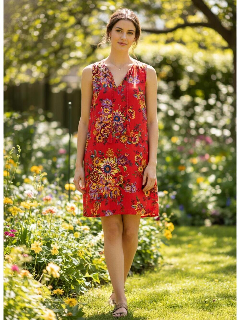Beach Lunch Lounge Floral Print Red Summer Cottage Boho Dress 1X